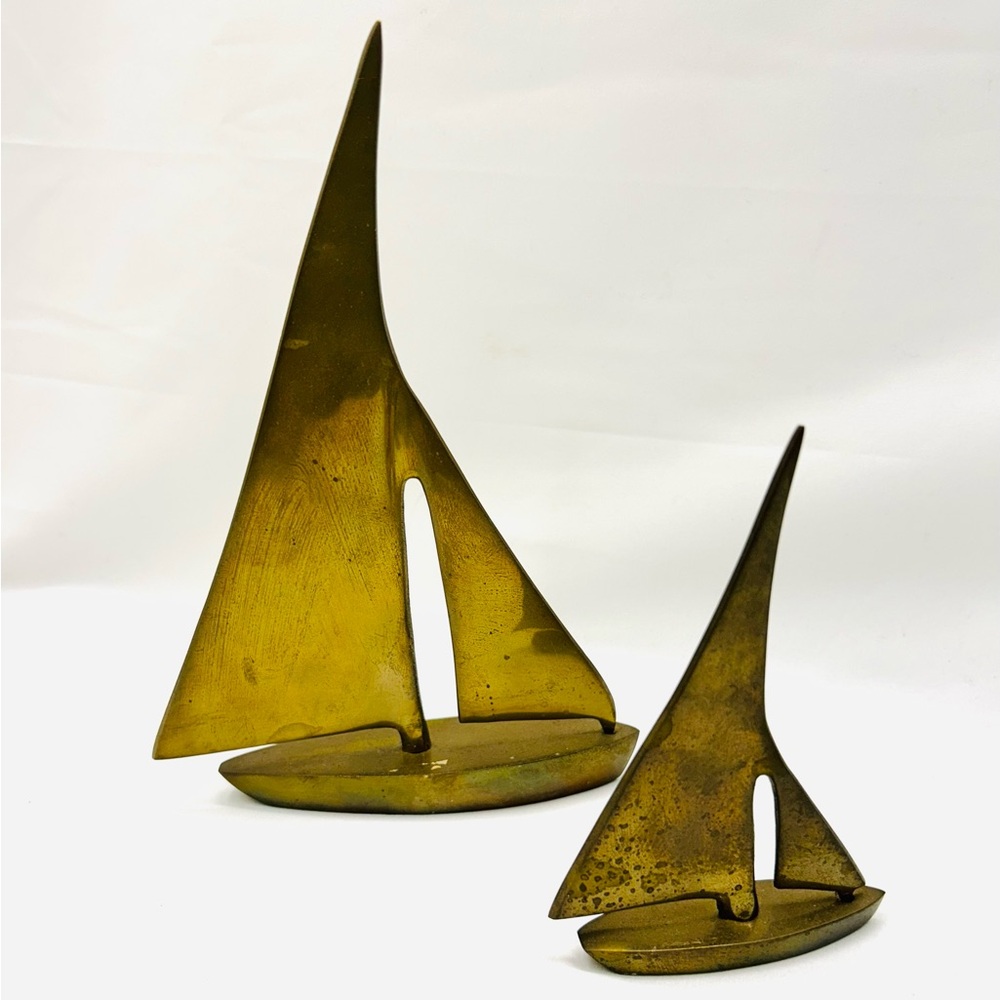 Brass Sailboat Sculptures Mid-Century Modern Art Retro Nautical Boat MCM Decor